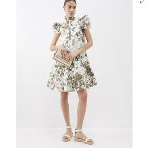 ERDEM White and Olive Green Floral cap sleeve ruffle dress